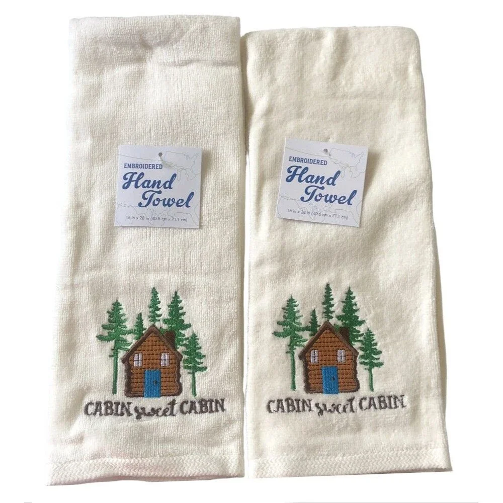 Cabin Sweet Cabin Hand Towels Embroidered Home Bathroom Rustic Camp Set of 2